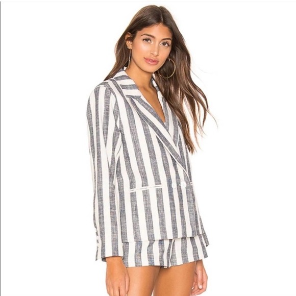 L'Academie Poppy Linen Blend Blue White Striped Blazer Size Small - Picture 10 of 10